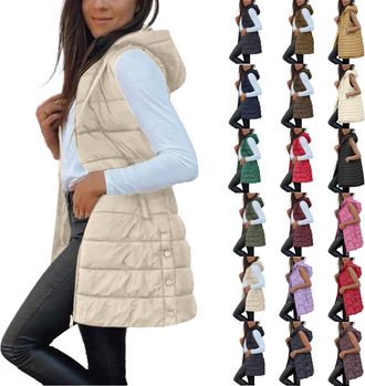 Generic Quilted Gilet for Women UK Ladies Longline Hooded Puffer Jackets Padded Sleeveless Warm Bodywarmers Vest Lightweight Cozy Waistcoat Zipper Transitiona