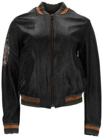 Mr & Mrs Italy Leather Jacket with Ribbed Cuffs and Graphic Patches