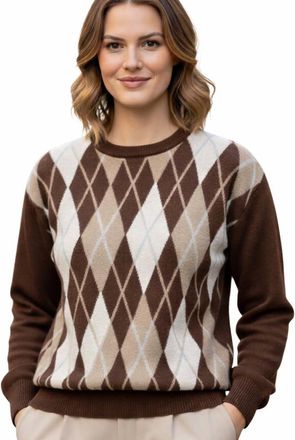 Generic Classic Argyle Knit Sweater, Soft Crewneck Pullover, Long Sleeve Casual Fall Winter Top, Brown Wonen One Size
