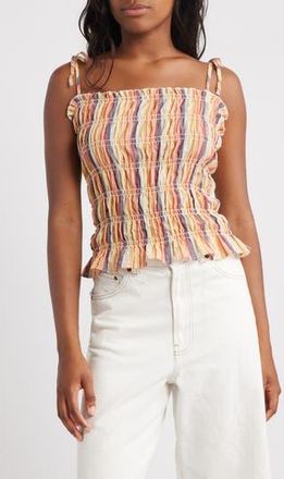 Topshop Stripe Shirred Cotton Camisole in Beige Multi at Nordstrom Rack, Size 4 Us (Fits Like 0-2)