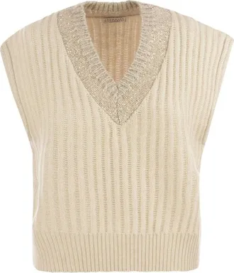 Brunello Cucinelli WomenS Marble Wool Ribbed Sleeveless Sweater, Size XXS