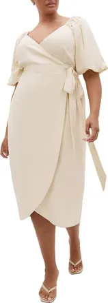 City Chic Claudine Faux Wrap Midi Dress in Cream at Nordstrom, Size 18W