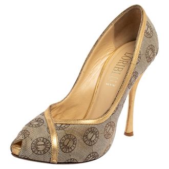 Loriblu Beige Canvas Monogram Peep Toe Pumps