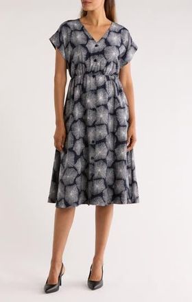 Nordstrom Rack Short Sleeve Button Front Dress in Navy- Grey Floral Burst at Nordstrom Rack, Size Xx-Small