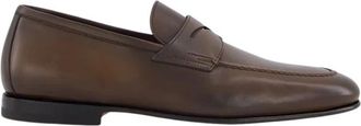 Santoni Gepoetste Bruin Leren Penny Loafers - Heren - Loafers - Bruin - 40 1/2 EU - Schoenen
