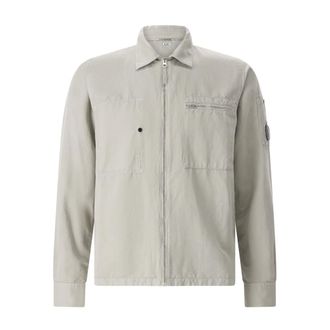 C.P. Company Light Jackets, male, Green, Size: 2XL Logo-Appliqu&eacute;d Cotton and Linen-Blend Overshirt