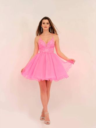 Dave & Johnny Strappy Backless Tulle Dress In Hot Pink