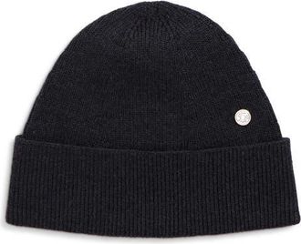 Acne Studios Krivi Coin Appliqu&eacute; Merino Wool Blend Beanie in Dark Navy Melange at Nordstrom