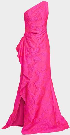 Teri Jon Draped One-Shoulder Jacquard Mermaid Gown
