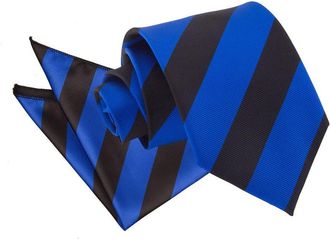 DQT Stripe Patterned Casual Business Party Work Classic Neck Tie & Pocket Square Handkerchief Set for Men in Royal Blue and Black