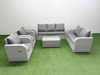 Fimous PE Rattan Garden Furniture Set Adjustable Chair Sofa Double Love Seat 2 Seater Sofa Lounge Set Oblong Coffee Table 2 Side Table Light Grey
