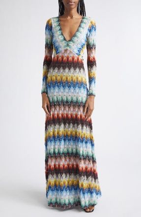 Missoni Metallic Long Sleeve Knit Lace Dress in Multicolor On Black Base at Nordstrom, Size 38
