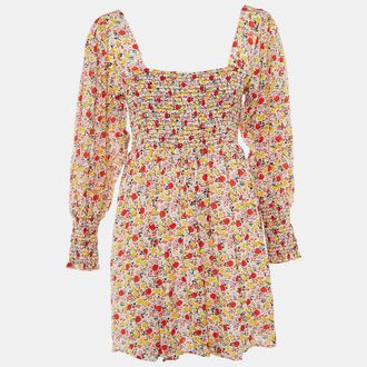 Ganni White Floral Print Crepe Mini Dress