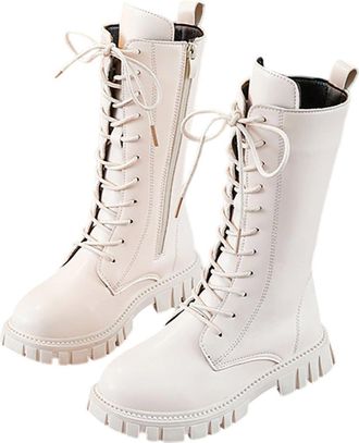 Generic Girls Leather Lace Up Knee High Boots with Side Zipper Fashion Comfortable Round Toe Low Heel Solid Color Ankle Booties Mid Calf Combat Leather Non Sl