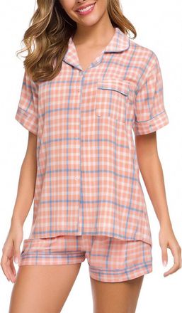 Generic cotton pyjamas for women uk Womens 2 Piece Pajamas Sets UK Summer Fashion Pyjama Outfits Button Down Shirts&Shorts Pj Sets Loungerwear Ladies Soft Com