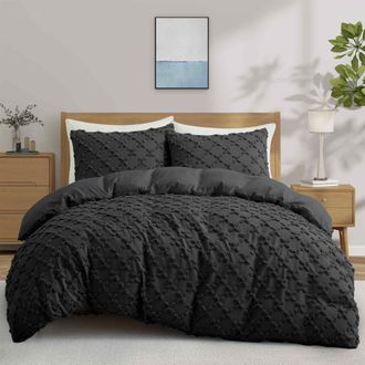 Puredown Premium 180gsm 3 Piece Duvet Cover Set Special Clipped Design with Zipper Closure, Cross Flowers Black