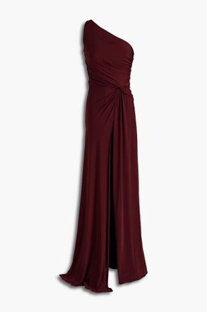 Halston Heritage Lia one-shoulder twist-front stretch-jersey jumpsuit - Burgundy - US 14