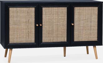 Sweeek Sweeek - Aparador De Ca&ntilde;a Con 3 Puertas, 120cm, Boheme, Negro, 120x39x70 Cm