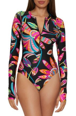 Trina Turk Luminary Half Zip Long Sleeve One-Piece Rashguard Swimsuit in Black Multi at Nordstrom, Size Small