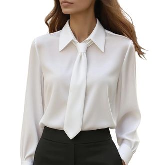 Generic Womens Elegant Satin Shirt Top Tie Neck Blouse Long Sleeve Collared Office Tops with Puff Sleeves Glossy Adjustable Necktie Shirt for Formal Work wear