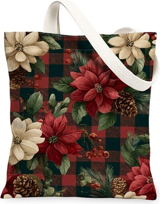 Generic Christmas Floral Canvas Tote Bags, Rustic Flower Design Reusable Grocery Bags, Winter Lightweight Washable Shoulder Tote Fo, Red, 13x15 Inch