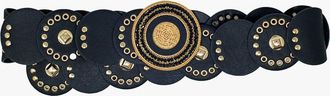 Q2 Womens Rhinestone Vegan Leather Round Buckle Belt In Black