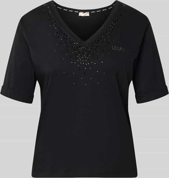 Liu Jo T-Shirt mit Strasssteinbesatz und V-Ausschnitt in Black, Gr&ouml;&szlig;e XXL