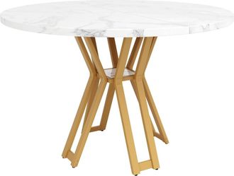 Urban Meuble Mesa de comedor redonda con efecto m&aacute;rmol blanco y patas doradas