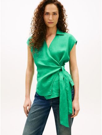 Tommy Hilfiger Womens Sleeveless Linen Wrap Top - Green - 10