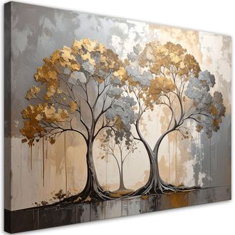 Feeby Cuadro En Lienzo, &Aacute;rboles Grunge Vista Beige Dorado, 120x80