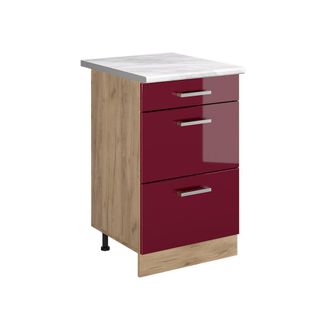 Vicco Mueble Bajo De Cocina R-line, Rojo De Alto Brillo/roble Dorado, 50 Cm Encimera M&aacute;rmol, Vicco