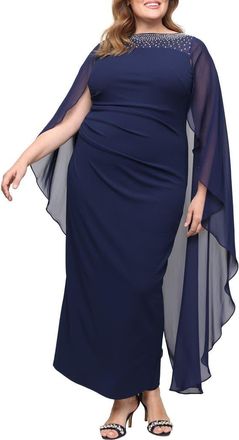 Alex Evenings Cape Sleeve Crepe Column Gown in Navy at Nordstrom, Size 18W