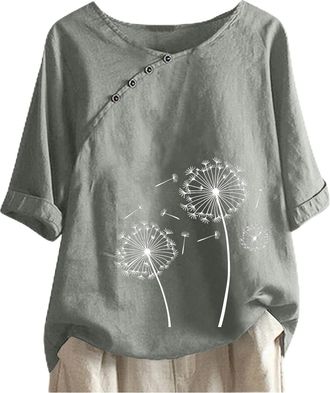 Generic Womens Summer Tops 2025 Cotton Linen Shirts Casual Floral Printed Short Sleeve Tshirt Ladies Blouse Tops Plus Size Basic Tee Loose Fit Vintage Tunic B
