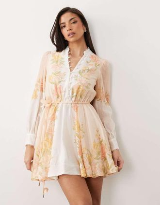 Forever New Vestito camicia corto con bottoni in lino color pesca a fiori-Arancione