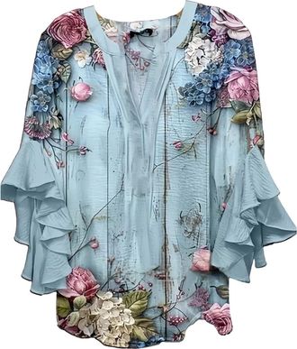 Generic Blouses for Women UK V Neck Retro Floral Print Ruffle 3/4 Sleeve Shirt Ladies Casual Loose Tops(Light Blue, XXXXL)