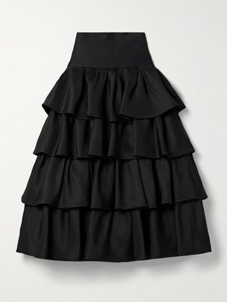 Carolina Herrera Gonna Midi A Balze In Organza Di Seta Con Ruches - Nero