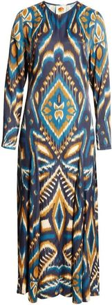 Farm Rio Farm Rio Womens Long Sleeve Satin Maxi Dress, Pineapple Ikat Blue