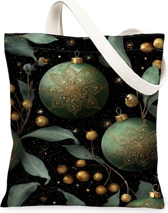 Generic Christmas Ornament Canvas Tote Bags, Floral Design Reusable Grocery Bags, Vintage Lightweight Washable Shoulder Strap, Green, 13x15 Inch
