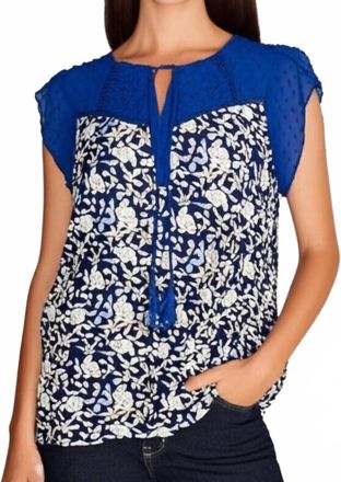 Daniel Rainn Cottage Floral Short Sleeve Blouse In Blue