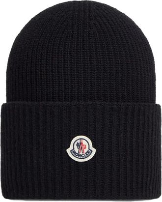 Moncler Wollen Beanie met Logodetail - Dames - Hoeden - Zwart - ONE Size - Wol - Accessoires