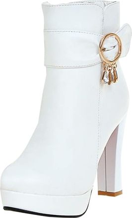 Generic Winter Stylish Women Ankle Boots Platform High Heel Design Thick Sole Footwear For Ladies Fashion Comfortable Durable (White, 7)