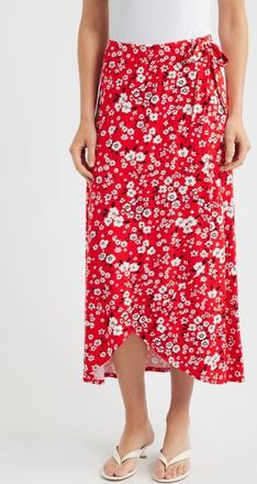 Loveappella Floral Faux Wrap Knit Midi Skirt in Red at Nordstrom, Size X-Large
