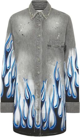Philipp Plein Denim Shirt LS Flame Racing - Dames - Spijkeroverhemden - Grijs - M - Denim - Overhemden