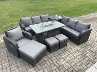 Fimous 10 Seater Wicker Rattan Garden Furniture Set Gas Fire Pit Dining Table Reclining Chair 3 Seater Sofa Set Indoor Outdoor with Footstools