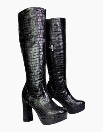 XY London Womens XY London Womens/Ladies Theo Crocodile Print High Block Heel Knee-High Boots - Black - Size: 7