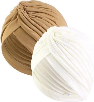Generic 2pcs Stretch Turban Head Beanie Cover Pleated Headwrap Ladies Muslim Hair Cover (UK, Alpha, One Size, Brown)