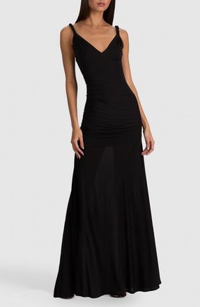 Alice & Olivia Bianca Twist Strap Ruched Sleeveless Maxi Dress in Black at Nordstrom, Size 10
