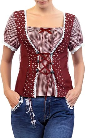 Generic 2025 Oktoberfest- Womens Gingham Print Puff Cap Sleeve Sweetheart Neck Blouse Crop Top and Plaid Shirt Women (Red, L)