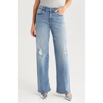 Hidden Jeans Grinded Distressed High Waist Straight Leg Dad Jeans in Medium Wash at Nordstrom, Size 24