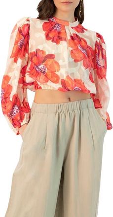 Ivonne Shimmering Printed Blouse with Pleated Round Neck in Ivory at Nordstrom, Size 14